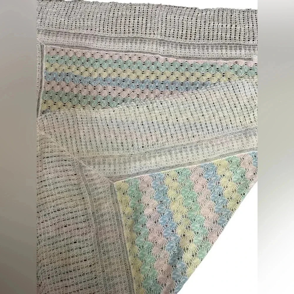Vintage Acrylic Pastel Pink Blue Yellow with White Trim Made in USA Baby Blanket
